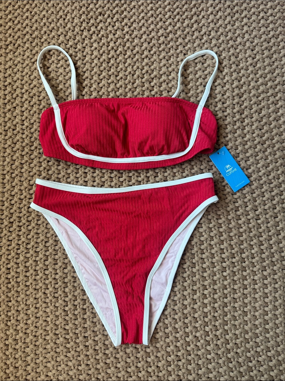 NWT CUPSHE Red & White High Waist Cheeky Bikini Set Women’s Size M